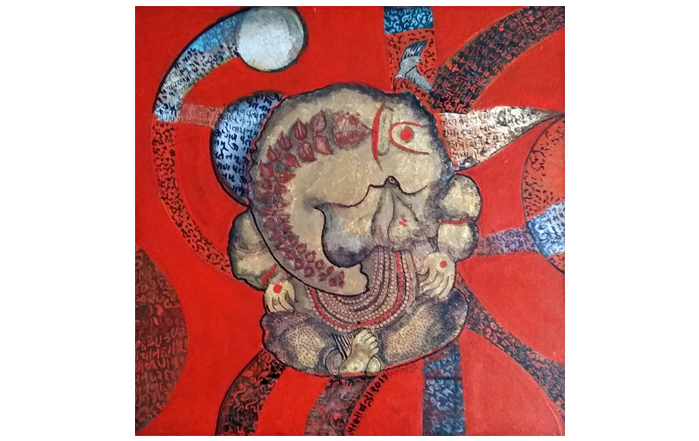 SC16 
Siddhi-Vinayak, Bestower of Success 
Mixed media, Gold and Silver foil on canvas 
18 x 18 inches 
Unavailable (Can be commissioned)